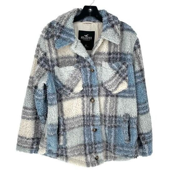 Hollister Co. Women's Sherpa Button Front Teddy Fleece Jacket Shacket Blue Plaid - Picture 1 of 7